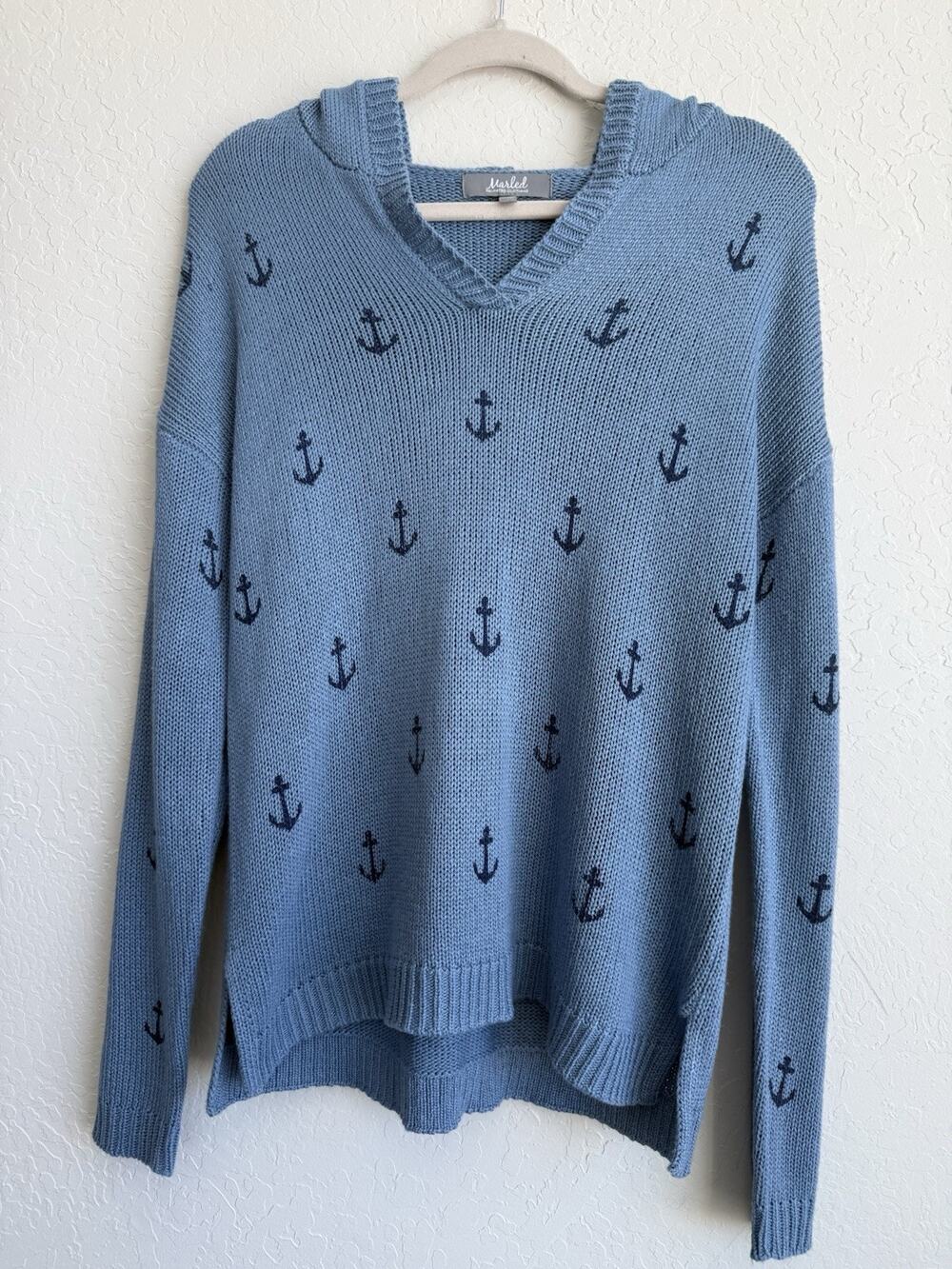Marled by Reunited Women's Blue Anchor V-neck Knitted Hooded Sweater Size M